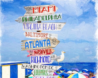 Directional Beach Sign, Rehoboth Beach, Delaware, Atlanta, Miami, Philadelphia, Ocean City, Maryland, Lewes, Coastal Art