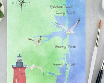 Map Art Lewes Rehoboth Dewey Bethany Fenwick Island Ocean City Delaware Watercolor Beach Town Map