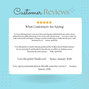May include: A light blue background with the words "Customer Reviews" in a decorative font. The image features customer testimonials with five gold stars above the title "What Customers Are Saying."
