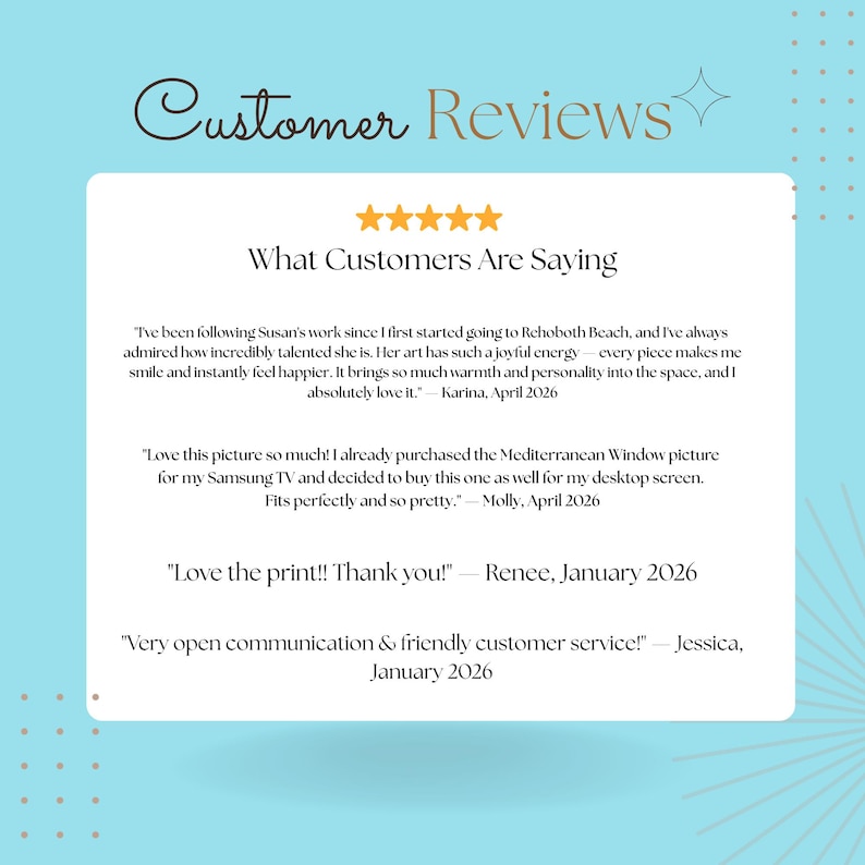 May include: A light blue background with the words "Customer Reviews" in a decorative font. The image features customer testimonials with five gold stars above the title "What Customers Are Saying."