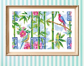 Mahjong Tile Watercolor Art Print | Blue White Porcelain Bamboo Floral Print | Chinoiserie Wall Art | Mahjong Lover Gift | Fine Art Print
