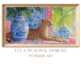 Palm Beach Cheetah Frame TV Art, Chinoiserie Decor, Tropical Leopard Wall Art, Preppy Coastal Digital Download, Lilly Inspired