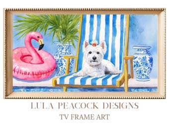 Coastal Dog Frame TV Art, Preppy Beach Decor, Pink Flamingo Art, Palm Beach Style Wall Art, Coastal Grandmother Decor Digital Download