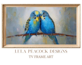 Blue Budgie Love Birds Painting, Vintage Frame TV Art, Digital Download