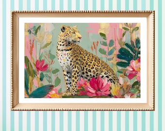 Leopard Tropical Art Print | Wild Cat Floral Painting | Maximalist Wall Art