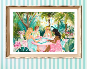 May include: A framed art print depicting four individuals sitting around a round pink table in a lush tropical garden setting. They are playing a tile game and holding pink drinks. The scene features vibrant green foliage, string lights, and flowers.