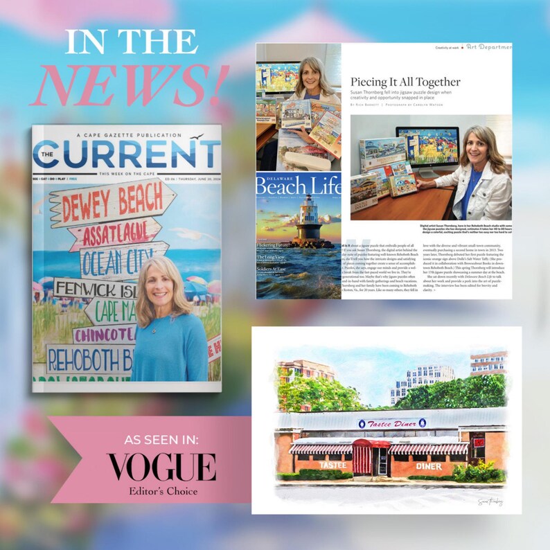 May include: Image featuring magazine covers and articles. The Current magazine cover shows a woman in front of a beach sign. The image also includes a "Beach Life" magazine cover, and a watercolor painting of a diner. Text reads "IN THE NEWS!" and "AS SEEN IN: VOGUE".