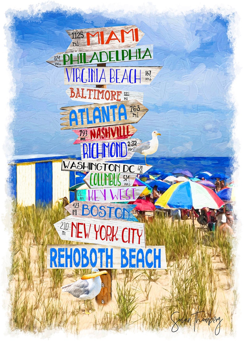 Directional Beach Sign, Rehoboth Beach, Delaware, Atlanta, Miami, Philadelphia, Ocean City, Maryland, Lewes, Coastal Art image 1