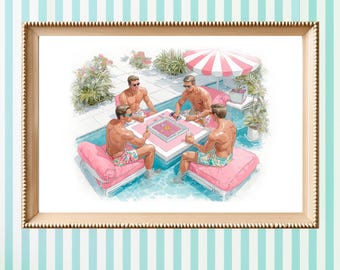 Mahjong Not Just for the Ladies Art Print | Palm Beach Mahjong Wall Art | Buff Men Playing Mahjong Painting