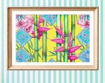 Mahjong Art Gift | Bamboo Chinoiserie Art Print | Tropical Pink Floral Yellow Wall Art | Bird of Paradise Painting