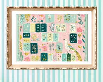 Mahjong Tile Watercolor Art Print | Preppy Pinks and Greens | Mahjong Lover Gift and Accessories