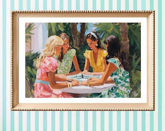 Mahjong Party Art Print | Ladies Playing Mahjong Painting | Palm Beach Preppy Vibe