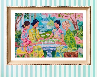 Pretty Ladies Playing Mahjong Art Print | Tropical Palm Beach Wall Art | Women Playing Mahjong Painting