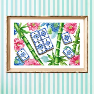 May include: A framed print featuring a watercolor design of blue and white dominoes with floral and bamboo accents. The artwork includes pink flowers, green bamboo stalks, and blue floral elements on a white background.