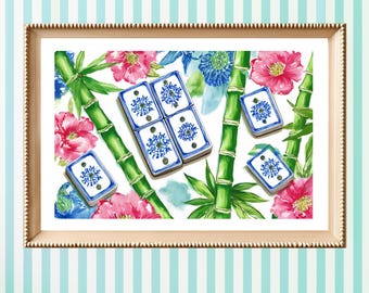 Chinoiserie Mahjong Tiles Bamboo Wall Art | Preppy Palm Beach Decor | Mahjong gift