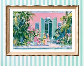 Mahjong French Riviera Art Print | Tropical Palm Beach Wall Art | Women Playing Mahjong Painting, Mahjong Gifts and Accessories