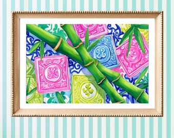 Mahjong Wall Art Print | Bamboo Chinoiserie Art Gift | Preppy Colors Wall Art | Mahjong Gift