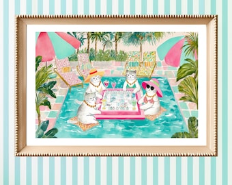 Poolside Mahjong | Glamorous Cats Art Print | Whimsical Tropical Pool Scene | Fun Wall Art