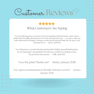 May include: A light blue background with the words "Customer Reviews" in a decorative font. The image features customer testimonials with five gold stars above the title "What Customers Are Saying."