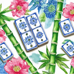 May include: Watercolor illustration featuring a pattern of bamboo stalks, pink flowers, blue flowers, and white tiles with blue floral designs. The tiles are arranged in a scattered pattern across the white background.