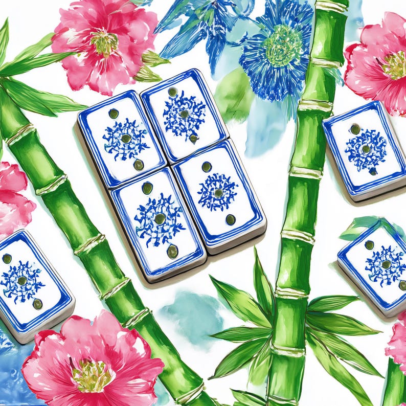 May include: Watercolor illustration featuring a pattern of bamboo stalks, pink flowers, blue flowers, and white tiles with blue floral designs. The tiles are arranged in a scattered pattern across the white background.