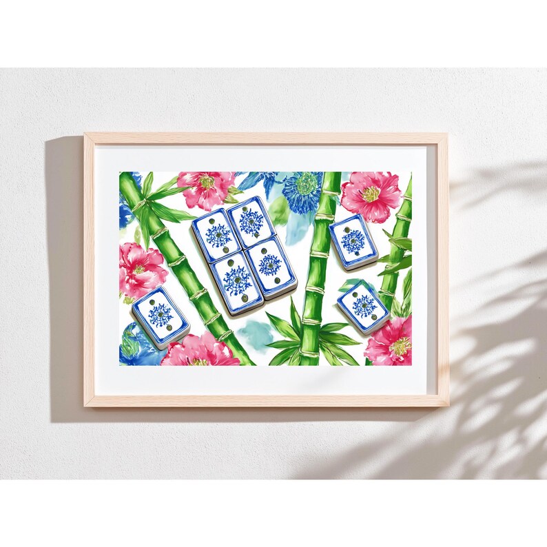 May include: A framed print featuring a watercolor design of bamboo stalks, pink and blue flowers, and blue and white tiles. The tiles have a floral pattern. The artwork is set against a white background.