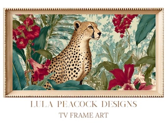 Cheetah Botanical Frame TV Art, Tropical Jungle Wall Art, Maximalist Coastal Decor, Palm Beach Style Art, Samsung Frame TV Digital Download