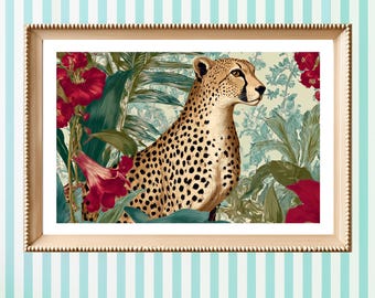 Cheetah Botanical Wall Art,  Tropical Jungle Maximalist Coastal Decor, Palm Beach Style Art