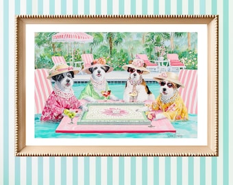 Poolside Mahjong | Glamorous Dogs Art Print | Whimsical Tropical Pool Scene | Fun Wall Art