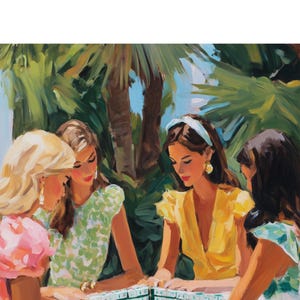 May include: An impressionistic painting depicts four women gathered around a table, possibly playing a game. The women are dressed in colorful clothing, with a backdrop of lush green foliage and a blue sky. The artwork has a vintage, summery feel.