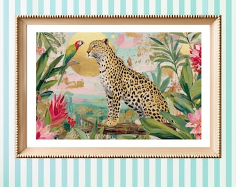 Leopard Tropical Art Print | Cheetah and Macaw Floral Painting | Maximalist Wall Art