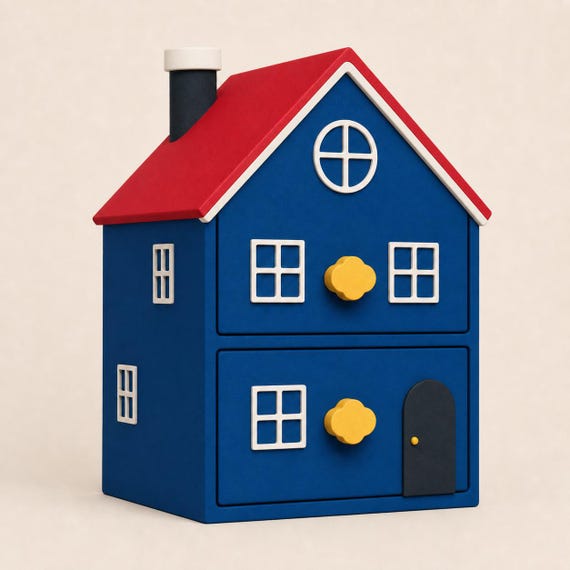 Primary Reading Room Little Nook cottage drawers in marine blue and scarlet red from a close front-left angle.