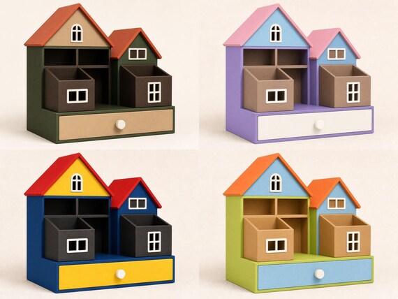 Four Storybook Learning Cottage organizer colorways shown in a four-panel close-up collage on plain light backgrounds.