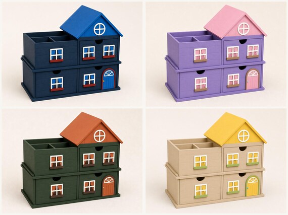 Four CottageLane classroom storage village colorways shown in a close-up four-panel collage on plain light backgrounds.