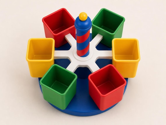 High three-quarter view of the Primary Parade organizer showing all six empty cups and the six-spoke center.