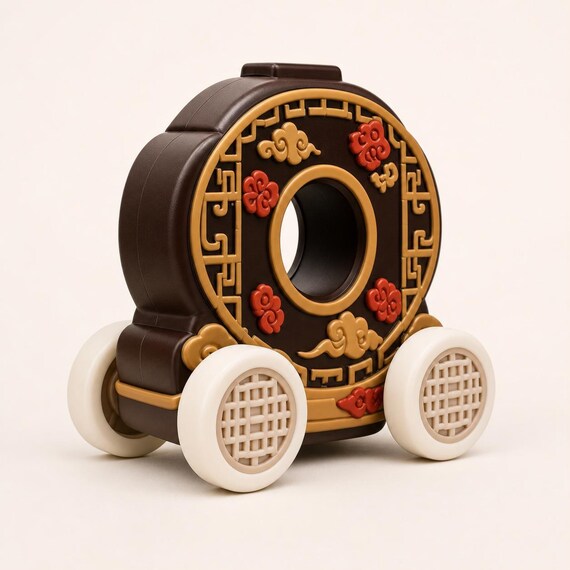 Close three-quarter view of the chocolate brown Lantern Halo rolling vehicle with a circular opening and red cloud details