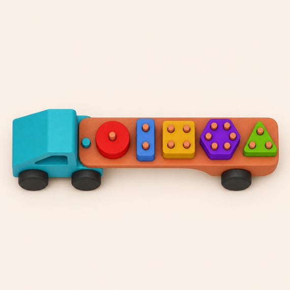 Top-down close-up of the GeoTrail sorting truck showing all five geometric block outlines and their graduated peg patterns.