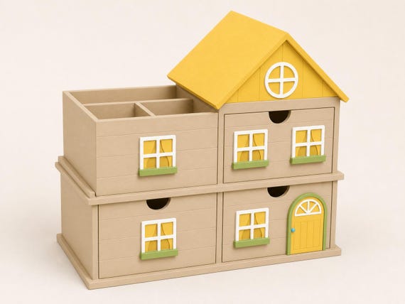 Sunny Cottage organizer with desert tan drawers, yellow roof, ivory windows, apple green ledges, and sky blue door knob.