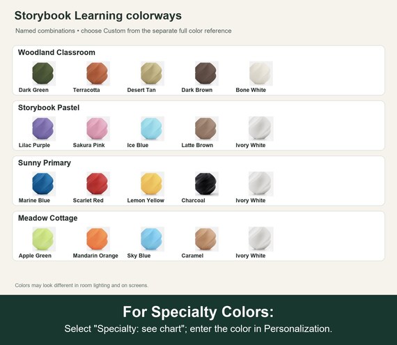 Named colorway swatch showing each listed combination. For Specialty Colors: Select "Specialty: see chart"; enter the color in Personalization.