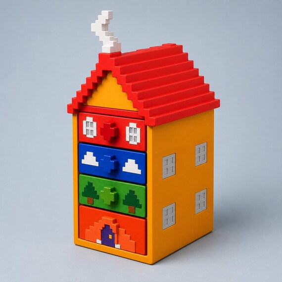 Close three-quarter right-side view of the PixelHaven organizer showing the red stepped roof and four grey side windows