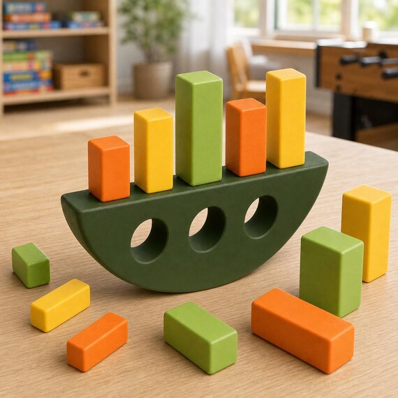 Citrus Circuit ArcTumble gravity stack game with a dark green rocker and twelve yellow, orange, and apple green blocks on a wood table