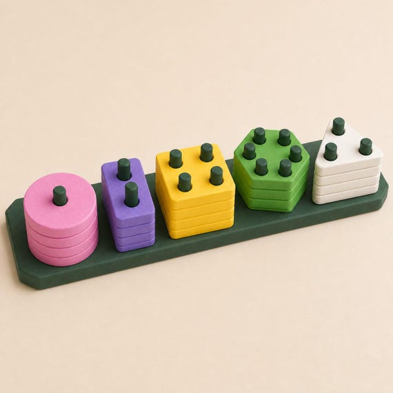 Garden Trail ShapeHarbor counting peg puzzle in pink, purple, yellow, green, and ivory on a dark green board, elevated studio view.
