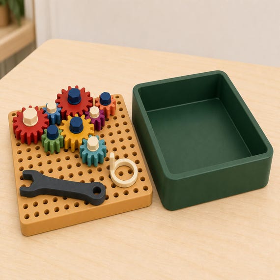 Warm sand learning board beside its open forest green storage box on a light birch table.