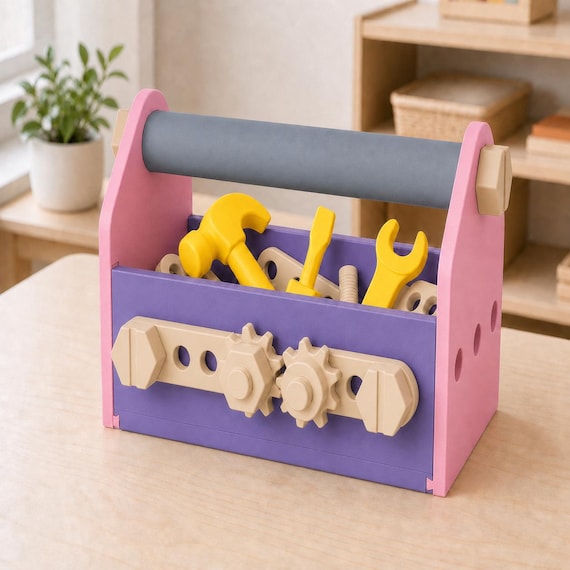 Pastel Tinkerer toolbox on a birch table with Purple and Pink body, Beige hardware, and three yellow tools.