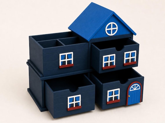 High three-quarter view of the Primary Schoolhouse organizer with all three empty drawers partially extended.