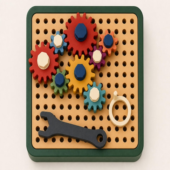 Overhead view of the square GearGarden learning board with connected red, yellow, green, blue, plum, and coral gears.