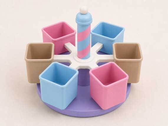 Pastel Study rotating classroom organizer with six pink, ice blue, and latte brown cups on a lilac base.