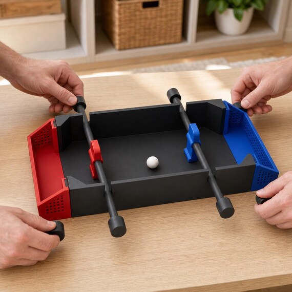 Four adult hands playing the fully assembled Charcoal, Scarlet Red, and Marine Blue tabletop soccer game on a light wood table