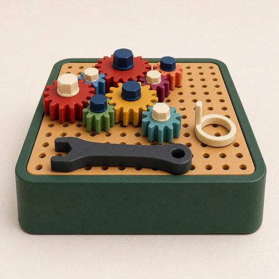 Low front view showing the depth of the forest green case, raised gears, bolts, turning ring, and included tool.