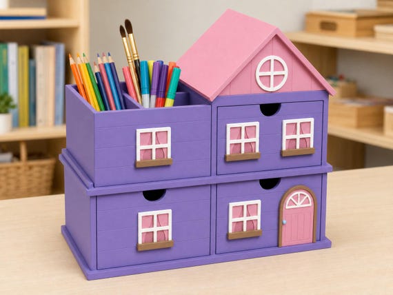 CottageLane Classroom Storage Village, Kids Desk Organizer, Homeschool Supply Caddy, Pencil Holder and Three Drawer Storage